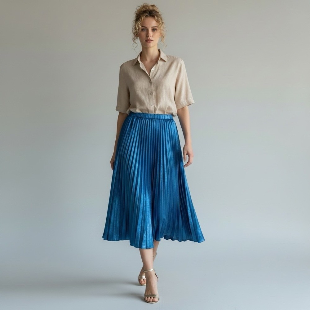 J Jill A-line Crinkled Cottagecore Maxi Elastic Waist Preppy Party Skirt 2X Blue